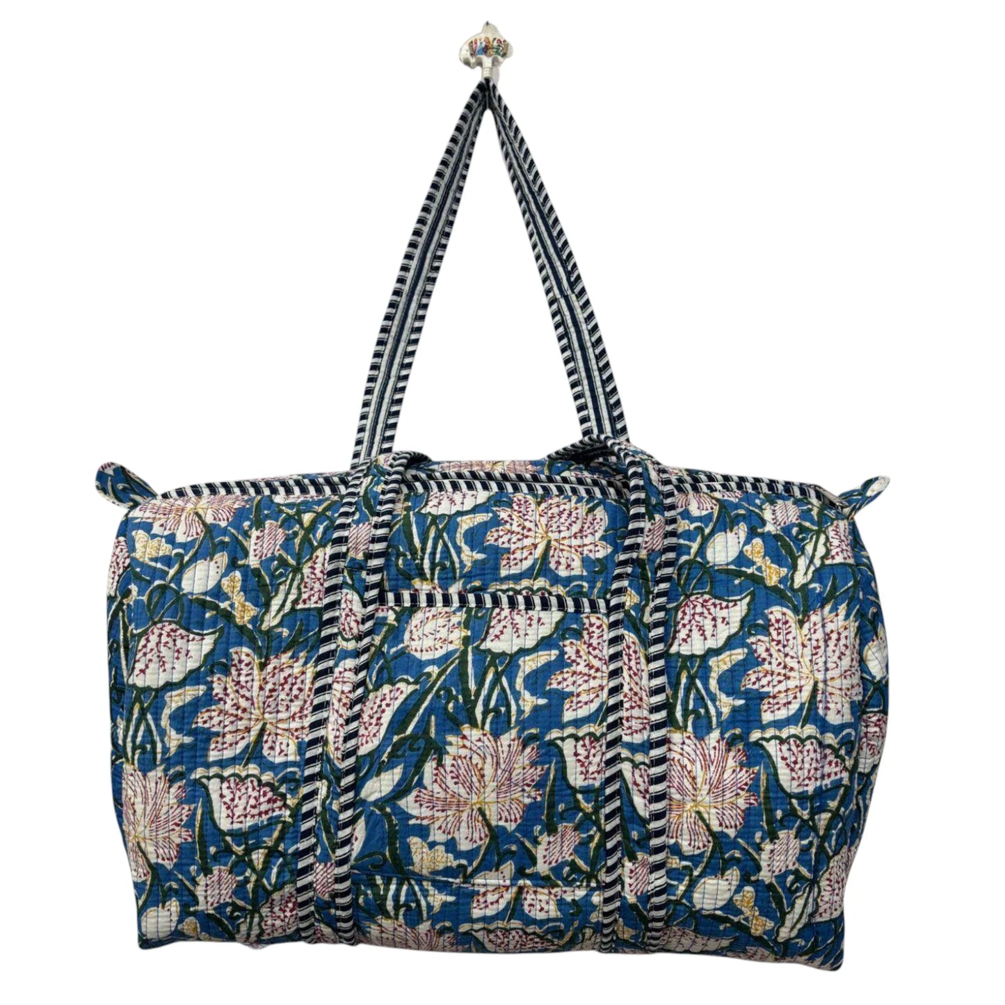 Handmade Cotton Duffle Bag with Floral Block Print