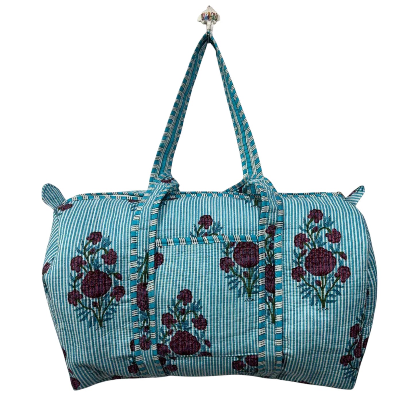 Handmade Cotton Duffle Bag with Floral Block Print