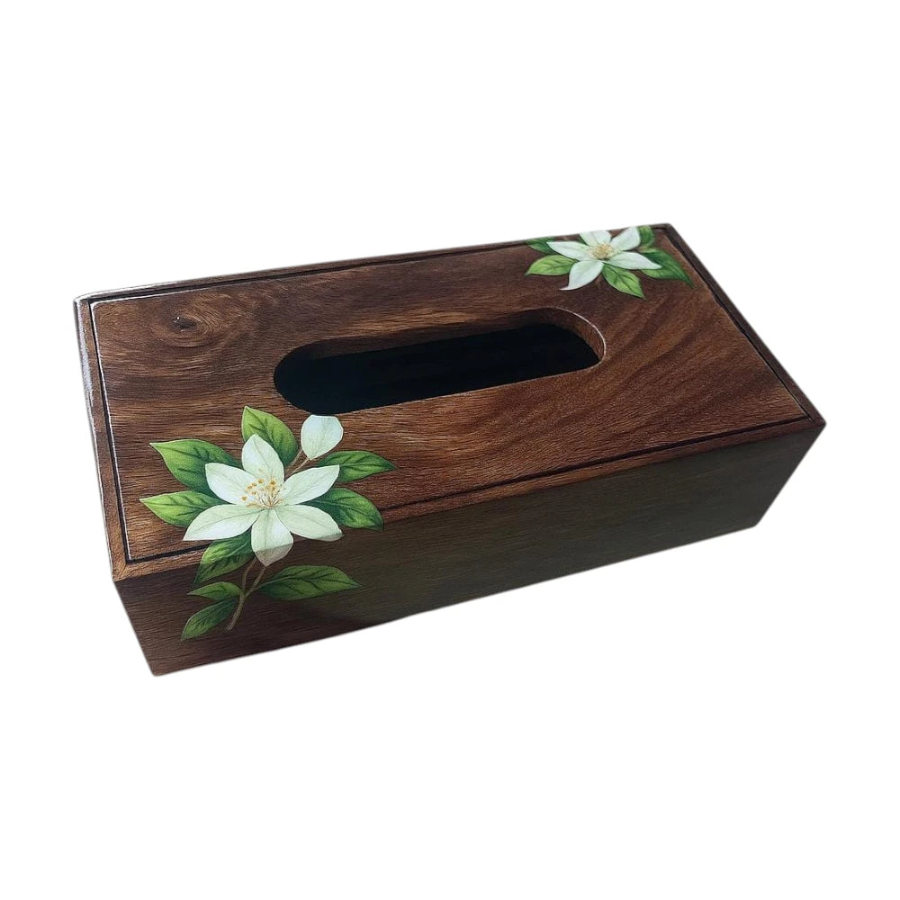 Wooden tissue box cover with floral designs