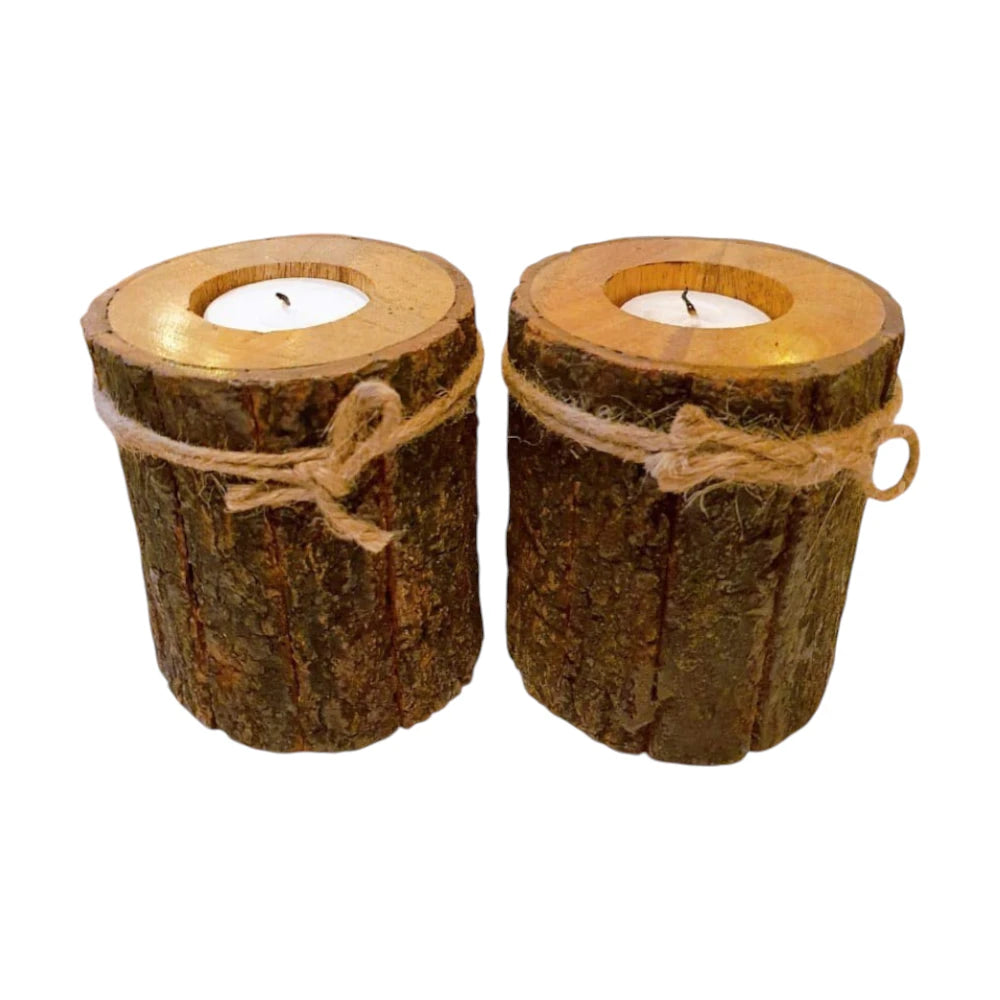 Wooden Candle Holder With Bark | WHC-04