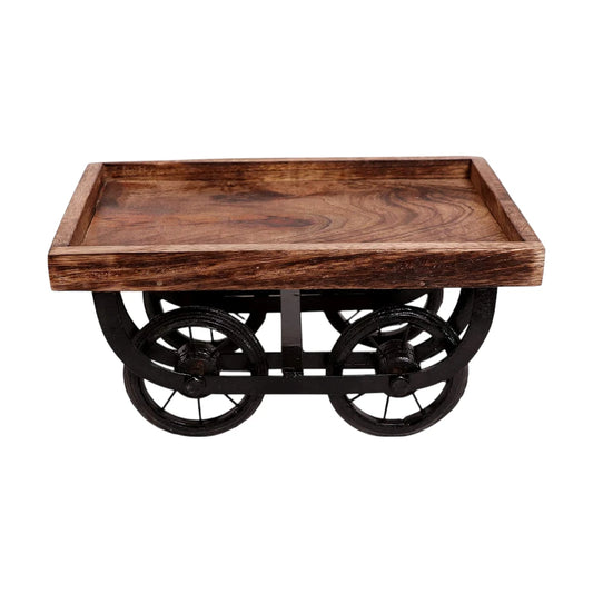 Wooden cart style serving tray with metal wheels