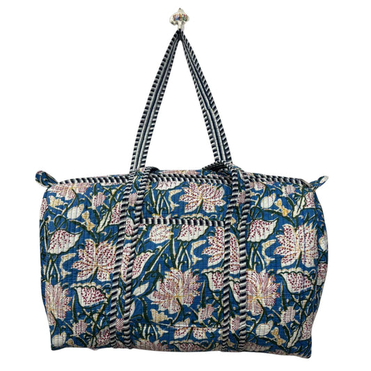 Handmade Cotton Duffle Bag with Floral Block Print