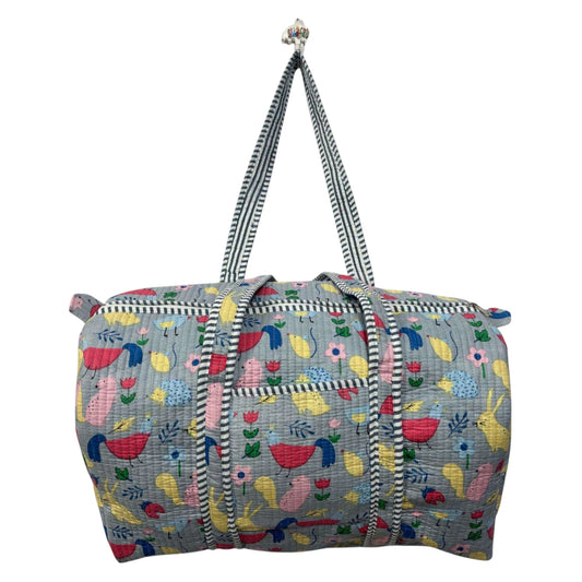 Handmade Cotton Duffle Bag with Floral Block Print