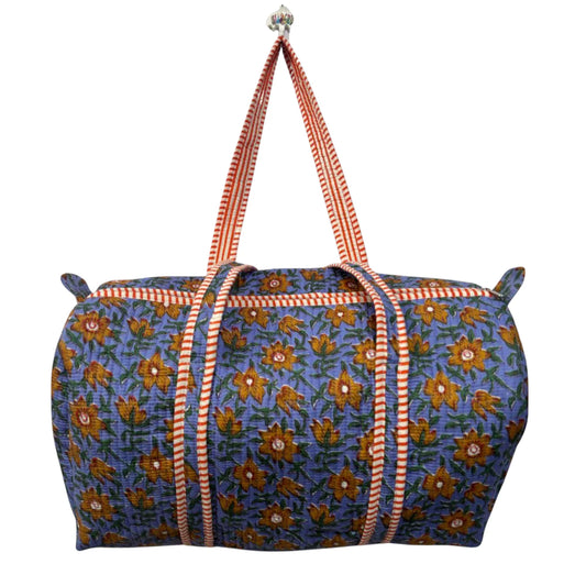 Handmade Cotton Duffle Bag with Floral Block Print