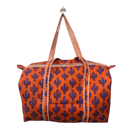 Handmade Cotton Duffle Bag with Floral Block Print
